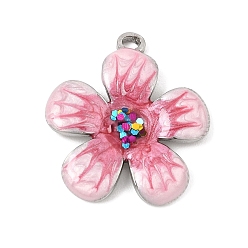 Deep Pink 304 Stainless Steel Enamel Pendants, with Sequins/ Paillettes, Flower Charms, Platinum, Deep Pink, 27x24.5x4mm, Hole: 2mm