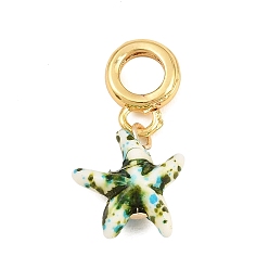 Verde Oliva Oscura Dijes colgantes europeos de resina de latón, colgantes con agujeros grandes en forma de estrella de mar, chapado en rack, larga duración plateado, sin plomo y el cadmio, real 18 k chapado en oro, verde oliva oscuro, 27 mm, agujero: 6 mm