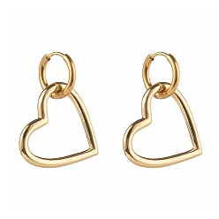 Золотой 304 обруч серьги из нержавеющей стали замке, с латунными подвесками, сердце, золотые, 35 мм, штифты : 1 мм