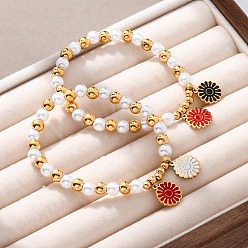 Цветок 201 браслеты из нержавеющей стали с круглыми бусинами, с 304 подвесками из нержавеющей стали и пластиковым искусственным жемчугом, цветок, внутренний диаметр: 1-7/8 дюйм(4.9см)подвеска: 14x12x1.5мм