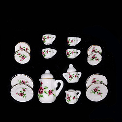 Flower Mini Porcelain Tea Set, including 2Pcs Teapots, 5Pcs Teacups, 8Pcs Dishes, for Dollhouse Accessories, Pretending Prop Decorations, Flower Pattern, 121x86x25mm, 15pcs/set
