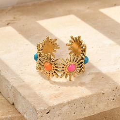 Разноцветный Солнце 304 нержавеющая сталь эмалированные открытые манжеты кольца, реальный 18 k позолоченный, красочный, 12 мм, регулируемый