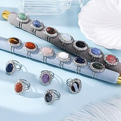 Смешанные камни Овальные кольца из натуральных и синтетических драгоценных камней, 304 из нержавеющей стали Манжета кольца для женщин, цвет нержавеющей стали, овальный : 22x17.5 mm, регулируемый