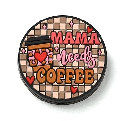 Farbig Silikonperlen mit Kaffeemotiv, Fokalperlen, flaches, rundes Bild mit dem Wort „Mama braucht Kaffee“, Farbig, 29x7 mm, Bohrung: 2 mm