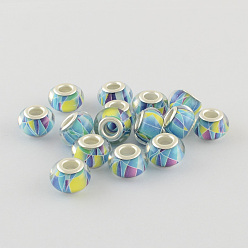 Небесно-голубой Бусины из смолы европейского стиля с большим отверстием , с серебряного цвета латуни двойные сердечники, рондель, голубой, 14x9 мм, отверстие : 5 мм
