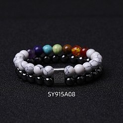 Говлит Двухслойный браслет из синтетического говлита и смешанных камней с бисером, 7-1/8 дюйм (18 см)