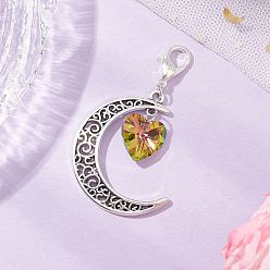 Сердце Подвесные украшения из сплава луны и стекла, Подвески с застежками-когтями омара для украшения сумок, сердце, 58x36 мм, Сердце: 18x14x7 mm