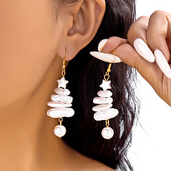 Белый Серьги-подвески из сплава и искусственного жемчуга, рождественская елка, золотые, белые, 70x23 мм