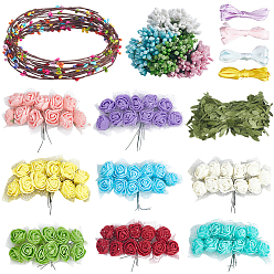 Mixed Color DIY Rose Wreath Sets, including Paper Artificial Flower Vine, Polyester Artificial Willow Leaves, Satin Ribbon, Gesso & Foam Artificial Flower, Mixed Color, 70mm