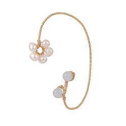 Quartz Natural Quartz & PearlBraided Flower Cuff Earrings, Gold Platd Brass Wire Wrap Climber Wrap Around Earrings for Non Piercing, 58.5x37.5x1mm