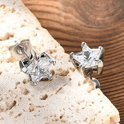 Clear 316 Surgical Stainless Steel Stud Earrings, with Cubic Zirconia, Star, Platinum, Clear, 9.5x10mm