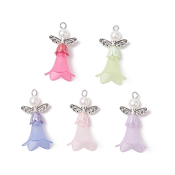 Цветок Бусины из пластика ABS с имитацией жемчуга, окрашенные аэрозольной краской, с прозрачными матовыми акриловыми бусинами и бусинами из сплава, а также круглые бусины из пластика ABS с имитацией жемчуга, ангел, цветок, 42.5x23x21.5 мм, отверстие : 3.5 мм