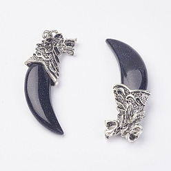 Синий Драгоценный Камень Синтетический синий голдстоуновские большие кулоны, со сплавочной фурнитурой, форма клыка, античное серебро, 58x19x9 мм, отверстие : 4x5 мм