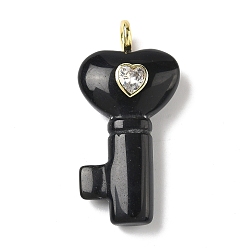 Обсидиан Природные подвески обсидиана, Подвески в виде сердечек с ключиками, украшенные латунными фианитами., золотые, 46.5~48x22~23.5x11.5~13.5 мм, отверстие : 4 мм