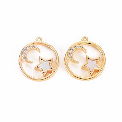 Real 18K Gold Plated Brass Micro Pave Clear Cubic Zirconia Charms, with Freshwater Shell, Nickel Free, Flat Round with Star and Moon, Real 18K Gold Plated, 13x11x2mm, Hole: 0.6mm