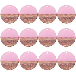 Orchid Transparent Resin & Walnut Wood Pendants, Waxed, Flat Round, Orchid, 28.5x3.5~4mm, Hole: 1.5mm, 12pcs/box
