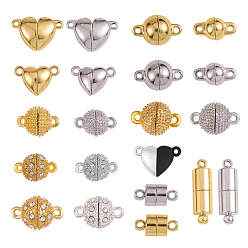 Mixed Color 21Pcs 21 Styles Brass Magnetic Clasps, for Necklace Bracelet Jewelry DIY Crafts Making, Heart & Column & Round, Mixed Color, 11mm~20.5mm, 1pc/style