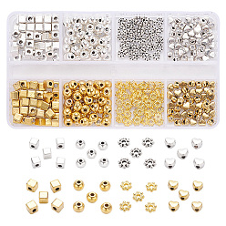 Mixed Color 400Pcs 4 Style Tibetan Style Alloy Beads Set, Cube & Heart & Round & Flower, Mixed Color, 4x4x4mm, Hole: 2mm, 400pcs/box
