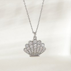Shell Shape Ожерелья с подвесками Ocean Summer из латуни с прозрачными кубическими цирконами и паве, платина, формы раковины, 17.72 дюйм (45 см), Кулон : 20 мм