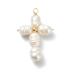 Золотой Подвески из натурального культивированного пресноводного жемчуга и риса, крестики с латунными бусинами, без свинца, без кадмии и без никеля, золотые, 33.5x21x6 мм, отверстие : 2 мм