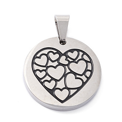 Couleur Acier Inoxydable Pendentifs en acier inoxydable, avec l'émail, polir, plat et circulaire avec coeur, couleur inox, 304mm, Trou: 25x3mm