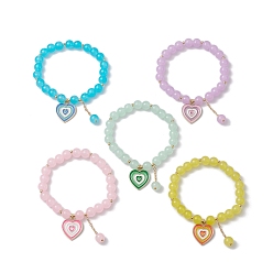 (52) Непрозрачная лаванда 8круглые эластичные браслеты из стеклянных бусин диаметром мм, Женские браслеты с подвесками из эмалированного сплава в форме сердца, разноцветные, внутренний диаметр: 2-1/8 дюйм (5.5 см)