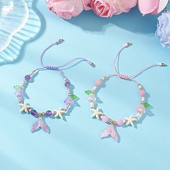 (52) Непрозрачная лаванда 2шт. 2 браслеты с подвесками из смолы разных цветов, Женские плетеные браслеты из стеклянных бусин, синтетической бирюзы, натурального аметиста и желтого нефрита, морская звезда, разноцветные, внутренний диаметр: 2.05~3.03 дюйм (5.2~7.7 см), 1 шт / цвет