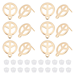 Golden 30Pcs 201 Stainless Steel Stud Earring Findings, with Horizontal Loop and 316 Stainless Steel Pin, 50Pcs Plastic Ear Nuts, Flat Round with Peace Sign, Golden, 15x12mm, Hole: 1.4mm, Pin: 0.7mm