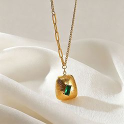 Rectangle 304 Stainless Steel Pave Green Cubic Zirconia Pendant Necklaces, Real 18K Gold Plated, Rectangle, 15.75 inch(40cm), pendant long: 23mm