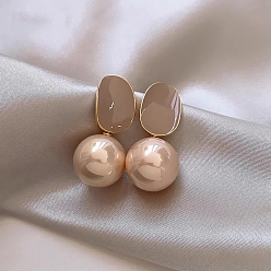 Rosy Brown Alloy Enamel Stud Earring, with Sterling Silver Pin and Plastic Bead, Round, Rosy Brown, 22mm