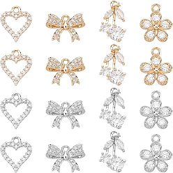 Platinum & Light Gold 16Pcs 8 Style  Rack Plating Brass Micro Pave Cubic Zirconia Charms, Long-Lasting Plated, Mixed Shape, Platinum & Light Gold, 10~13.5x8.5~13x2mm, Hole: 1.2~1.4mm, 2pcs/style