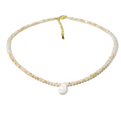 Letter J Natural White Shell Letter Faceted Glass Beaded Necklaces with 304 Stainless Steel End Chains, Real 18K Gold Plated, Floral White, Letter J, 14.96 inch(38cm)