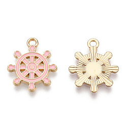 Pink Alloy Pendants, with Enamel, Cadmium Free & Lead Free, Light Gold, Helm, Pink, 19.5x17x1.5mm, Hole: 1.8mm