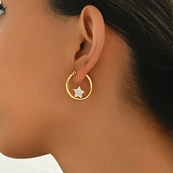 Звезда Геометрические ретро повседневные 201 серьги-кольца из нержавеющей стали со стразами для женщин, реальный 18 k позолоченный, звезда, 25x25 мм