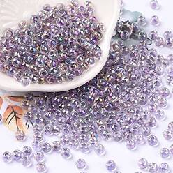 Slate Blue 6/0 Glass Seed Beads, Inside Colours, Round, Transparent Colours Rainbow, Slate Blue, 4x3mm, Hole: 1.2mm, about 6925pcs/pound