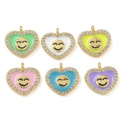 (52) Непрозрачная лаванда Стойка покрытие латунь микропаве прозрачный кубический цирконий с эмалевыми подвесками, долговечный, без свинца и без кадмия, реальный 18 k позолоченный, сердце с рисунком улыбающегося лица, разноцветные, 12x11.5x2 мм, отверстие : 1.2 мм
