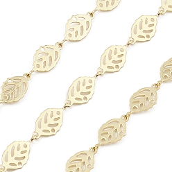 Real 18K Gold Plated Brass Hollow Leaf Link Chains, Cadmium Free & Nickel Free & Lead Free, Unwelded, with Spool, Real 18K Gold Plated, 15x7x0.5mm