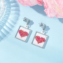 Красный Серьги-гвоздики с подвесками в форме сердца из квадратного стеклянного бисера ручной работы, цвет нержавеющей стали, красные, 33.5x20.5 мм