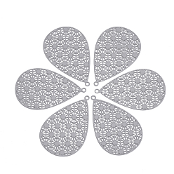 Светло-серый 430 из нержавеющей стали филигранные подвески, окрашеные, гравированные металлические украшения, слеза, светло-серый, 35x22x0.5 мм, отверстие : 1.4 мм