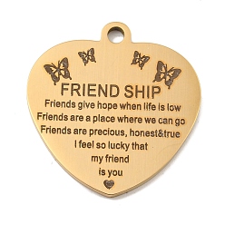 Настоящее золото 18K Вакуумное покрытие pvd 201 подвески из нержавеющей стали, Подвески для сообщений на тему друзей, сердце со словами-подвесками, реальный 18 k позолоченный, 30.5x29x2 мм, отверстие : 3 мм