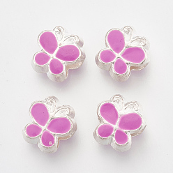 Hot Pink Alloy Enamel Butterfly Large Hole European Beads, Silver Color Plated, Hot Pink, 10x10x7mm, Hole: 4.5mm