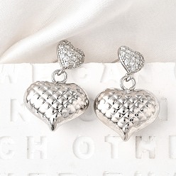 Платина Серьги-гвоздики с текстурированным сердцем из латуни с микропаве из прозрачных кубических цирконий, без кадмия и без свинца, долговечный, стойки покрытие, платина, 30.5x20 мм