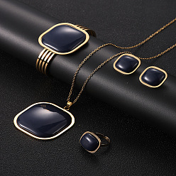 Полуночно-синий Квадратные 304 браслеты из нержавеющей стали и смолы, кольца, серьги и ожерелья, наборы для женщин, темно-синий, 17.52 дюйм (44.5 см)