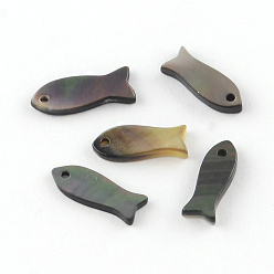 Black Fish Black Lip Shell Charms, Black, 12~16x5~6x1~2mm, Hole: 1mm