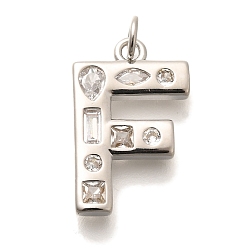 Letter F Латунные микропаве прозрачные подвески с фианитом, с целью перехода в кольце, без свинца и без кадмия, долговечный, стойки покрытие, письмо амулеты, платина, Буква F, 20.5x13x2.7 мм, Перейти кольцо: 5x1 мм, 3 mm внутреннего диаметра.