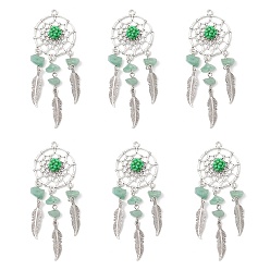 Зеленый Авантюрин Подвески-ловцы снов из натурального зеленого авантюрина, с фурнитурой из сплава и 304 петлей из нержавеющей стали, 81x28x8 мм, отверстие : 2 мм