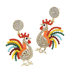 Разноцветный Литые эмаль болтаться серьги стержня, петух, золотые, красочный, 58x31 мм