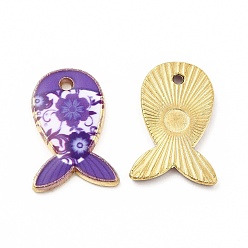 Средний Фиолетовый Стойки подвески обшивки сплава, напечатанный, без свинца, без кадмии и без никеля, очарование рыбы, золотой свет, средне фиолетовый, 19x12.5x1.5 мм, отверстие : 1.4 мм