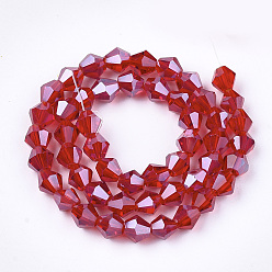 Red Electroplate Glass Beads Strands, Pearl Luster Plated, Faceted, Bicone, Red, 6x5.5~6mm, Hole: 1mm, about 44~47pcs/strand, 11.02 inch