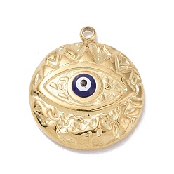 Midnight Blue 304 Stainless Steel Pendants, with Enamel, Textured, Flat Round with Evil Eye, Midnight Blue, 18.5x16x4mm, Hole: 1.4mm